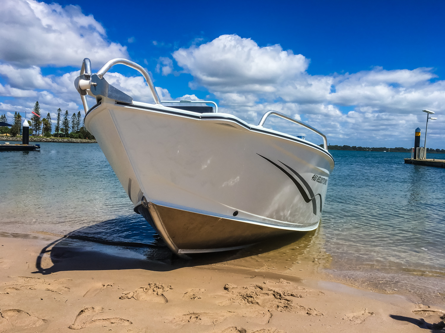 White Sea Jay 590 Velocity on a shore the boat is ideal for any water activities like fishing